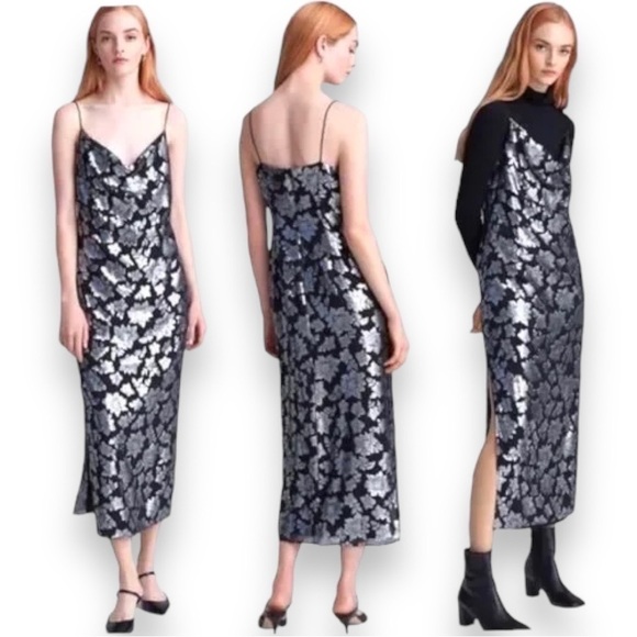 CLUB Monaco Jacquard Silk Metallic Silver Slip MIDI Dress NWT size 6 - Picture 4 of 10